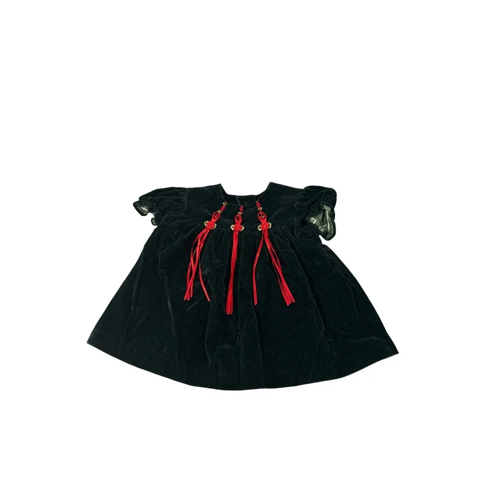 Bryan VTG Baby Girl Green Velvet Holiday Dress Rosette Tassels 3-6 Months